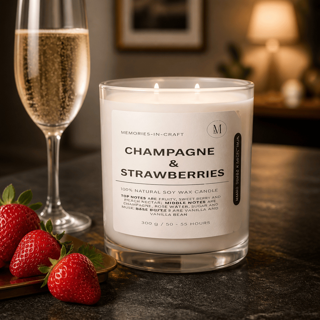 Memories In Craft Scented Candle Champagne & Strawberries Scented Candle - Luxury Celebration Fragrance Champagne & Strawberries Scented Candle