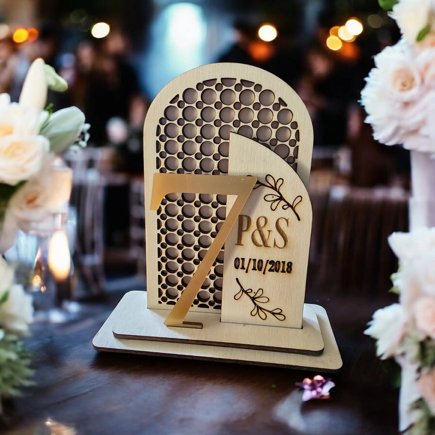 Hatched Wedding Table Number Centre Piece - Wooden Base with Acrylic Numbers Memories In Craft