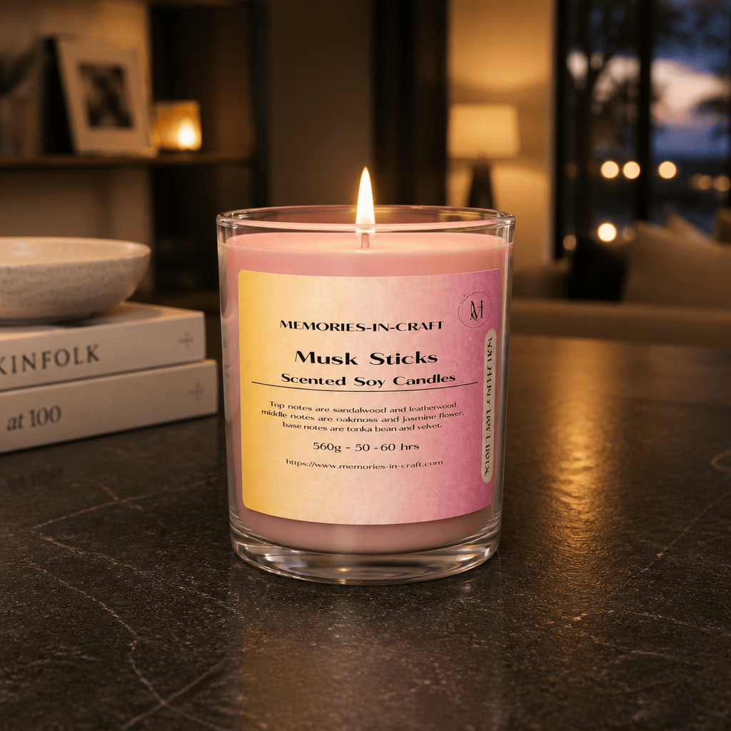 Memories In Craft Scented Candle Relive the Sweet Nostalgia of Classic Musk Sticks Musk Sticks Scented Candle | Nostalgic Sweet Fragrance – Memories In Craft