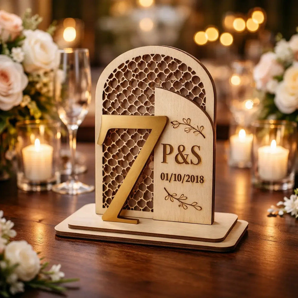 Memories In Craft Wedding Hatched Wedding Table Number Centrepiece - Wooden Base with Acrylic Numbers Hatched Wedding Table Number Centrepiece