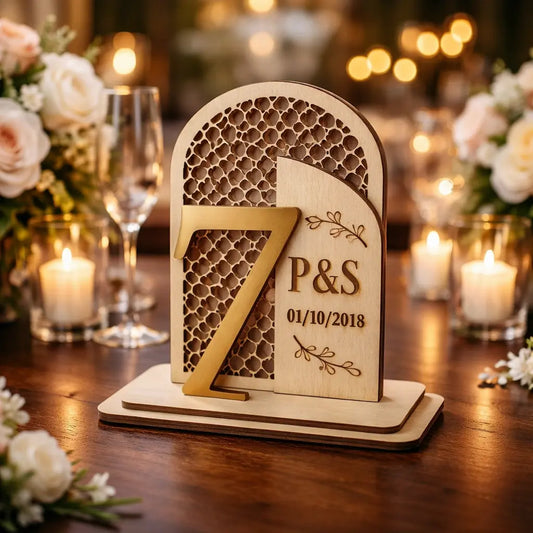 Hatched Wedding Table Number Centrepiece - Wooden Base with Acrylic Numbers Memories In Craft