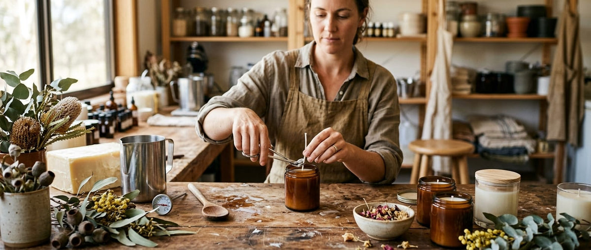 Candle maker trimming a wick in an Australian workshop surrounded by finished candles