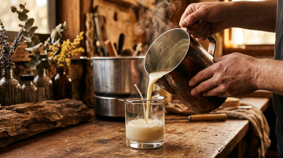 Soy wax being poured into a candle vessel in an Australian workshop
