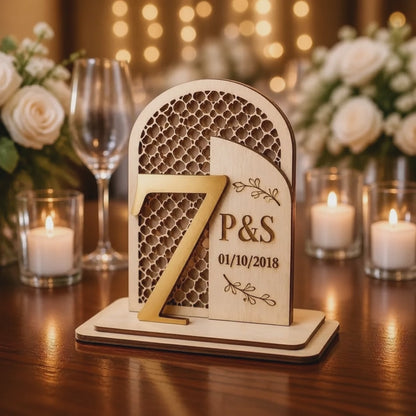 Hatched Wedding Table Number Centerpiece - Wooden Base with Acrylic Numbers